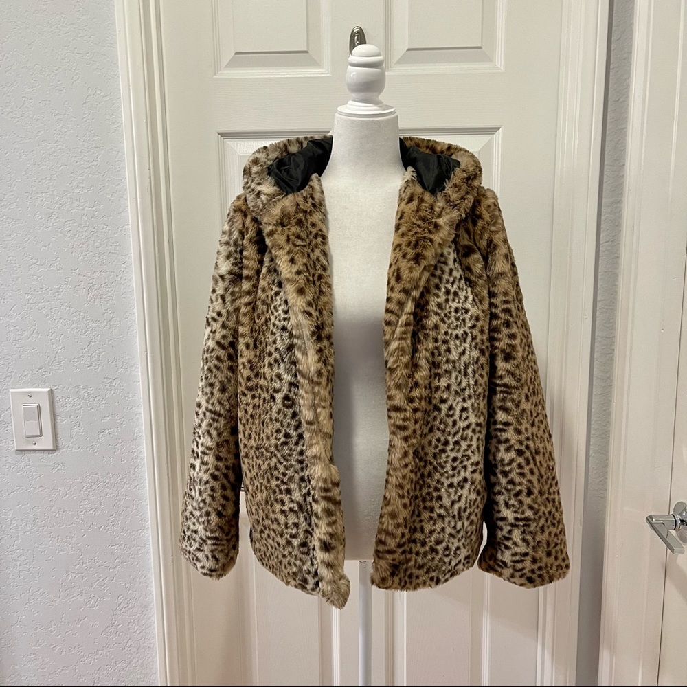 Pink Platinum Leopard Print Faux Furr Hooded Jacket Size S